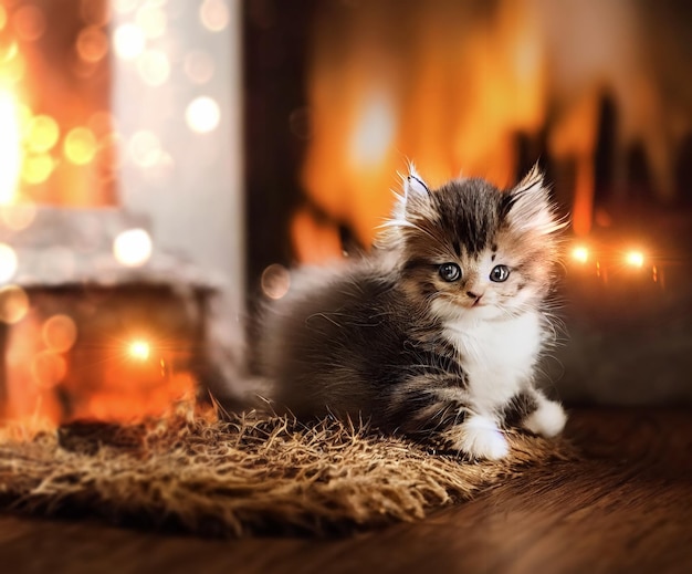 schattige kat zit op houten vloer in de buurt van camin open vuur