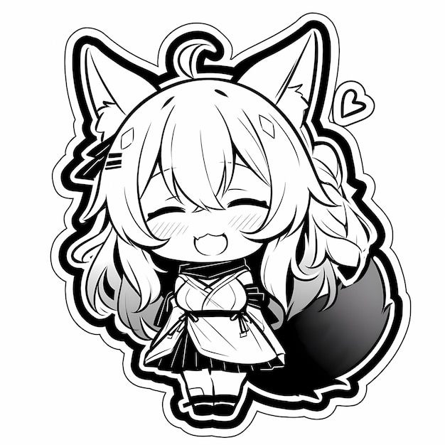 Foto schattige kawaii geïllustreerde chibi anime fox girl vector art sticker met vetgedrukte lijn en schattig mooi