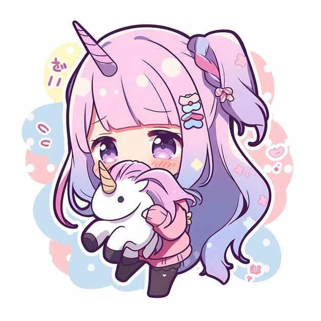 Schattige Kawaii Geïllustreerde Chibi Anime Unicorn Girl Vector Art Sticker met vetgedrukte lijn en schattig