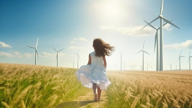 Schattige kinderen meisje staan in windturbine boerderij met zonneschijn concept energie generatieve ai
