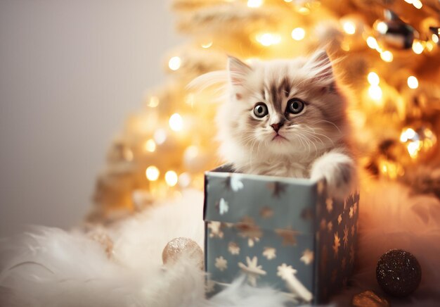 Foto schattige kittenkat die uit het kerstcadeau gluurt