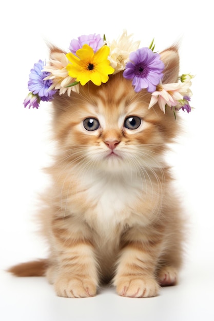 schattige kittenkat met een kroon van vele bloemen die naar de camera kijkt geïsoleerd op een witte achtergrond