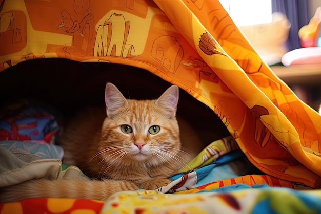 Schattige kittens spelen een spelletje in het dekenfort terwijl ze genieten van hun comfortabele schuilplaats