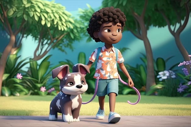 Schattige kleine Afro-Amerikaanse jongen die met zijn hondje in het 3D-gegenereerde park loopt