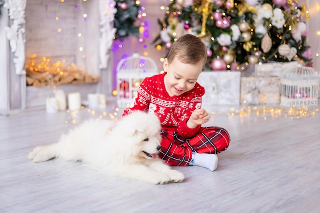 Schattige kleine babyjongen met een witte Samojeed puppy hondje in de buurt van de kerstboom, vakantieconcept, Nieuwjaar