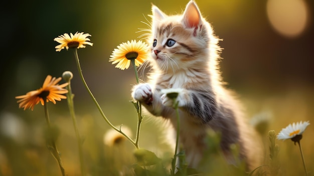 Schattige kleine babykat met bloemen