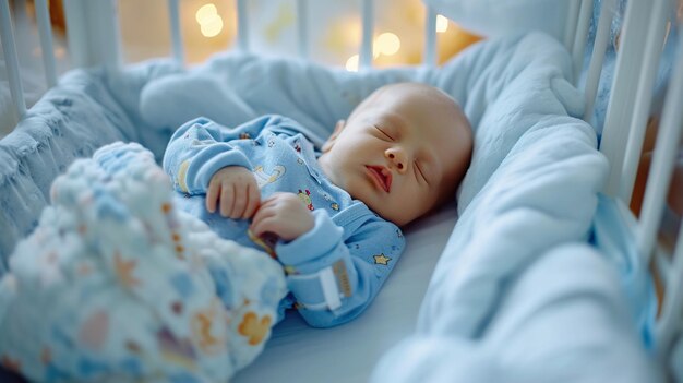 Schattige kleine blanke pasgeboren baby liggend in wieg in een kraamkliniek