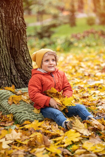 Schattige kleine blonde babyjongen buiten plezier in het park in de herfst tijd zittend in de bladeren