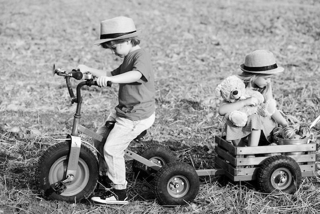 Schattige kleine boeren kleine jongen en meisje op driewieler op veld twee jonge boeren jeugd op het land
