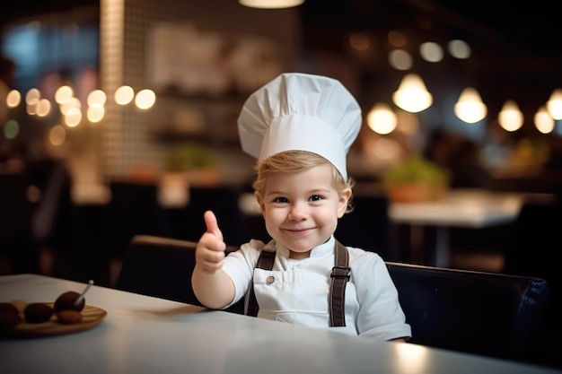 Schattige kleine chef-kok bakker in een schort en hoed chef-kok gebaren thumbs up generatieve ai