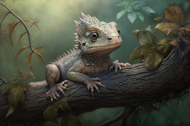 Schattige kleine draak die op een boomtak rust en naar zijn omgeving kijkt