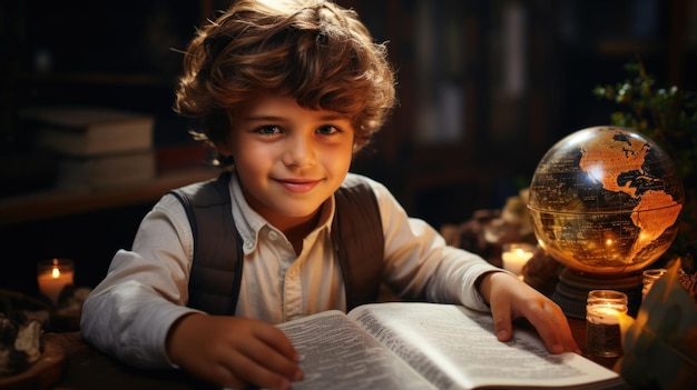 Schattige kleine jongen die een boek leest en glimlacht terwijl hij aan een tafel zit in een donkere kamer Generatieve AI