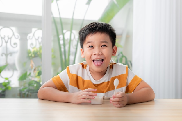 Schattige kleine jongen genieten van ijs in huis.