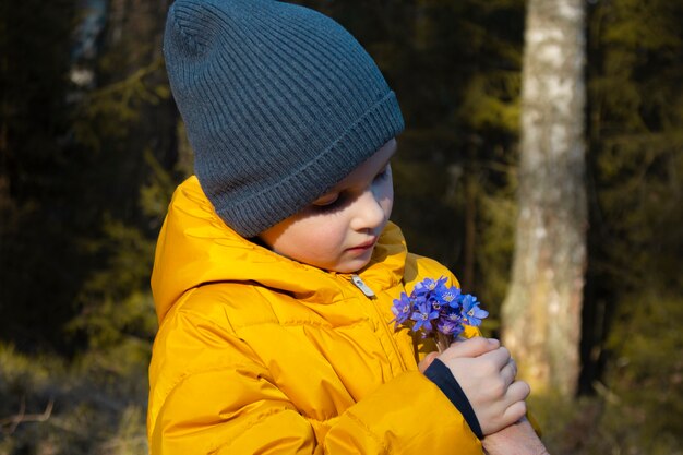 Schattige kleine jongen houdt eerste Lentebloemen