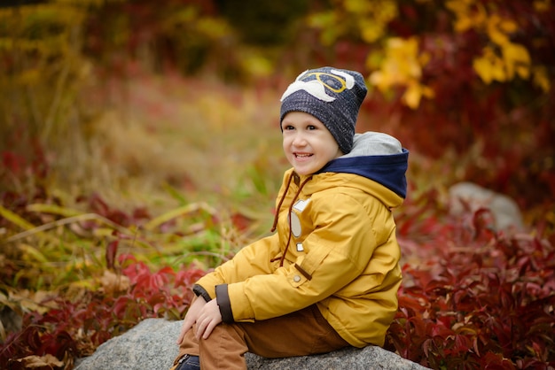 Schattige kleine jongen jongen op herfstdag. Peuter kind in kleurrijke herfstkleding