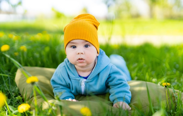 Schattige kleine jongen liggend op een gras Zomer buiten jeugd vreugde