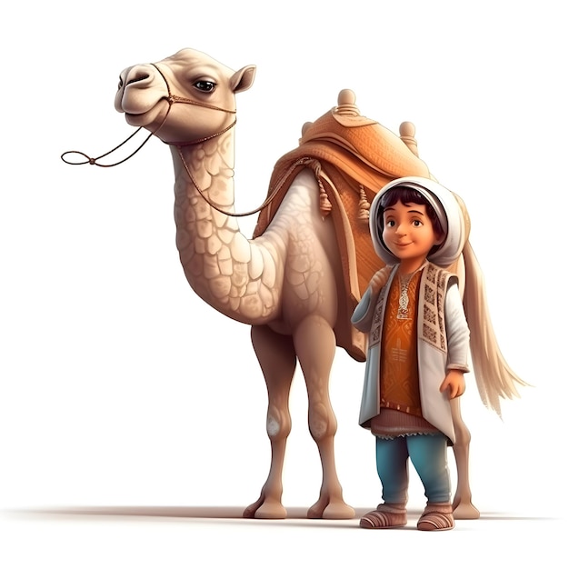 Schattige kleine jongen met kameel op witte achtergrond 3D-rendering