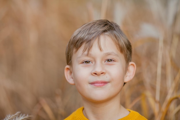 Schattige kleine jongen van 7 jaar oud speelt in het heldere herfstpark Portret van een gelukkig kind Fall