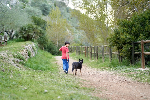 Schattige kleine jongen, wandelend met zijn kleine hondje in een landelijk koolzaadveld naast hem, jongen die op een klein pad loopt