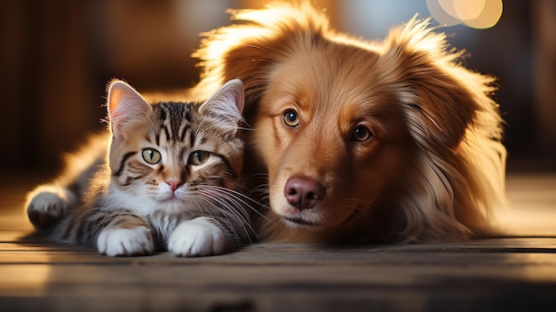 schattige kleine kat en hond op houten vloer