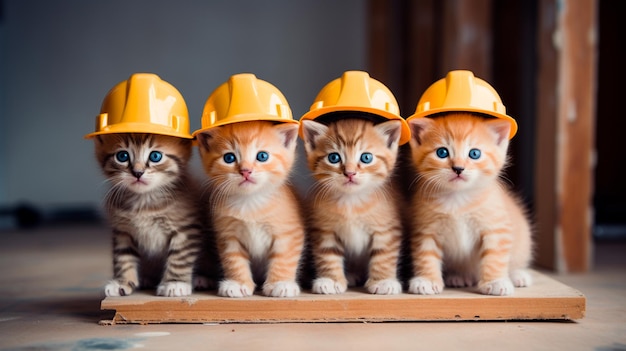 Schattige kleine kattenbouwers in een hoed op een zwarte achtergrond Generatieve AI-illustrator