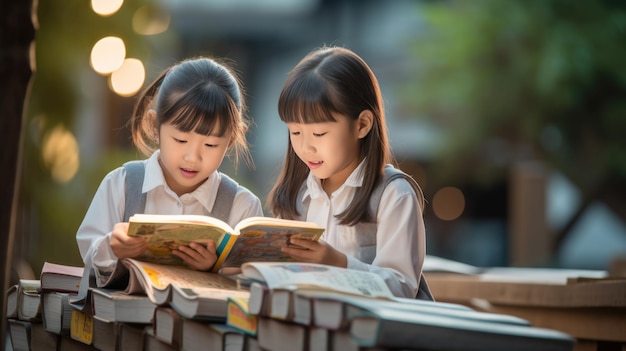 Schattige kleine kinderen die buiten een boek lezen Gemaakt met generatieve AI-technologie