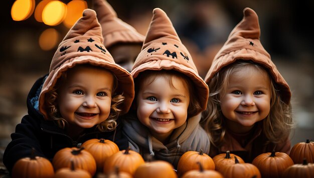 Schattige kleine meisjes in halloween-kostuums met pompoenen buitenshuis