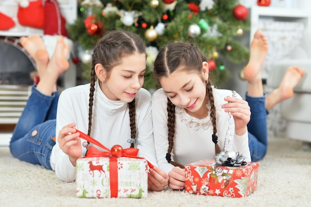 Schattige kleine meisjes met cadeau in de buurt van versierde kerstboom