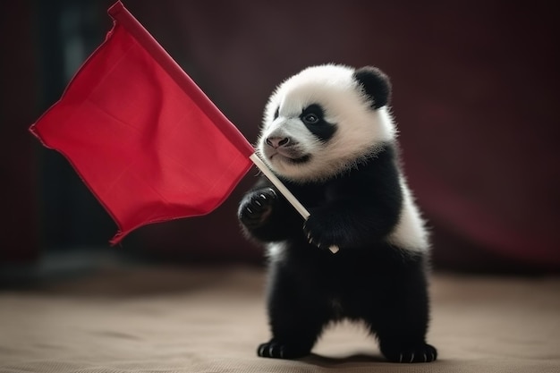 Schattige kleine panda met rode vlag Genereer Ai