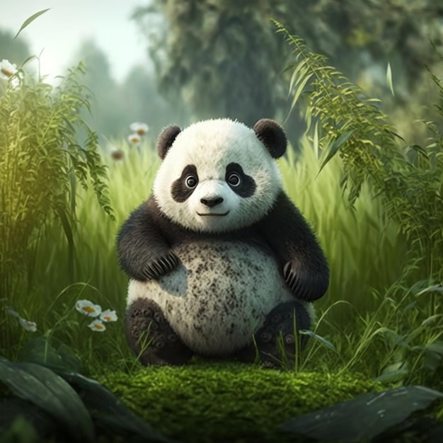 Schattige kleine panda zittend in de jungle hyperrealistische illustratie