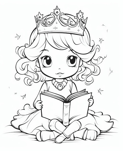 Schattige kleine prinses die een boek leest Vectorillustratie voor kleurboek