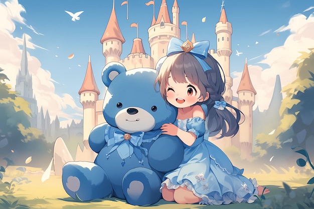 Schattige kleine prinses en een opgezette kleine blauwe beer
