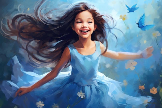 Schattige kleine prinses in blauwe jurk
