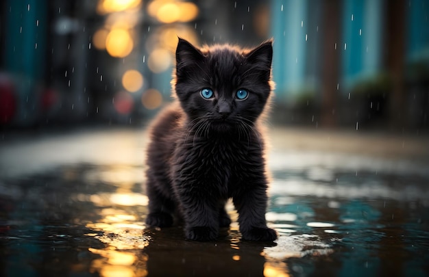 Schattige kleine zwarte pluizige kat met blauwe ogen die op straat staat onder zware regen behang