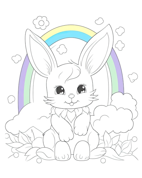 Schattige konijntjeswelp met illustratie van regenbogen Schattige konijntjesillustratie met prachtige regenbogen op een witte achtergrond Schattige konijntjeswelp ontwerp voor kinderen en volwassenen AI gegenereerd