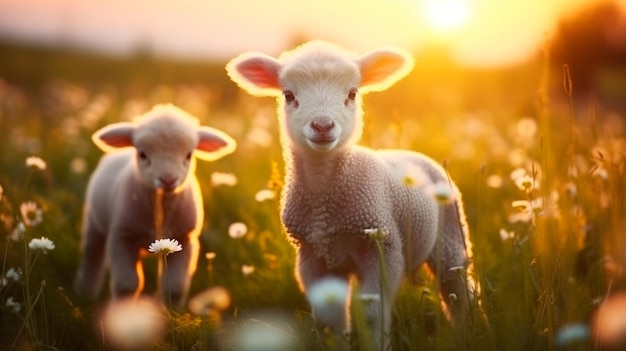 schattige lammetjes in het bloemenveld