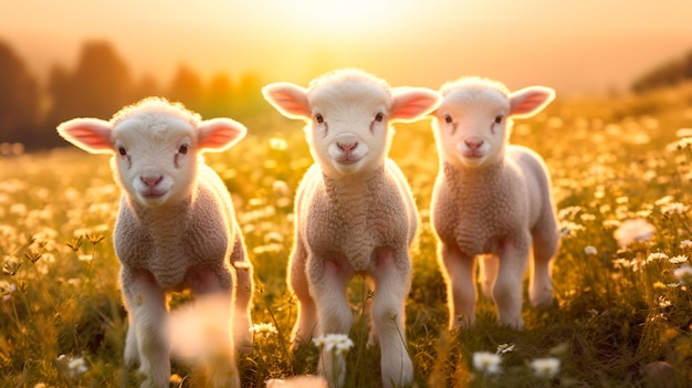 schattige lammetjes in het bloemenveld