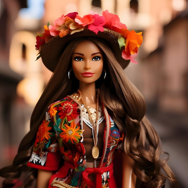 Schattige langbruine Barbie met gebloemde outfit en hoed tegen onscherpe achtergrond Vooraanzicht