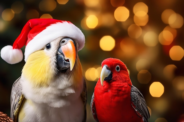 Schattige liefdesvogel en papegaai met rode kerstmanhoed kerstboom op de achtergrond Generatieve AI