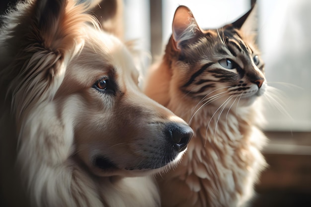 Schattige lieve hond met kattenvrienden samen generatieve ai