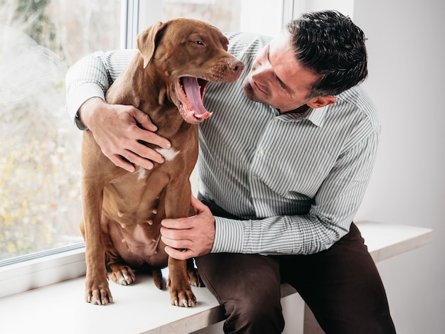 Schattige man en lieve, mooie puppy van bruine kleur. Close-up, binnen. Dag licht. Concept van zorg, onderwijs, gehoorzaamheidstraining en het opvoeden van huisdieren