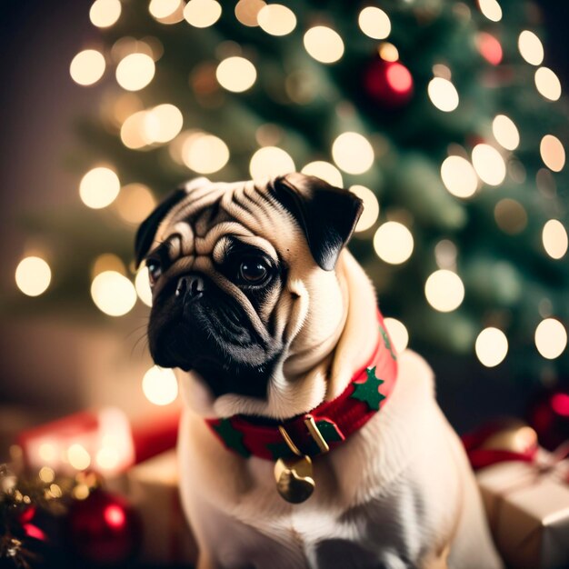 Foto schattige mops tegen de achtergrond van een kerstboom