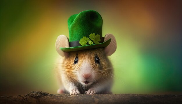 Schattige muis met groene St Patrick's day hoed op een onscherpe gekleurde achtergrond Generatieve AI