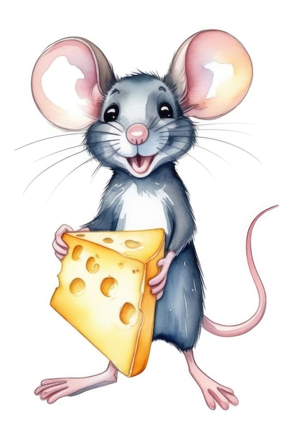 schattige muis met grote oren glimlachend en stuk kaas vasthoudend op witte achtergrond grappig karakter