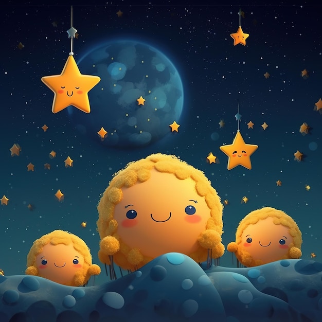 schattige nachtelijke hemel met sterren kinderillustratie