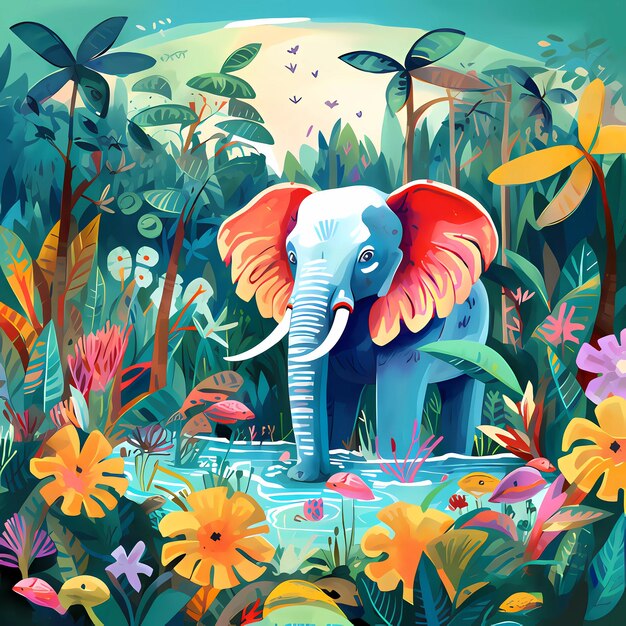 Foto schattige olifant in de tropische jungle voor verhalenboek kinderboek poster verjaardagselement