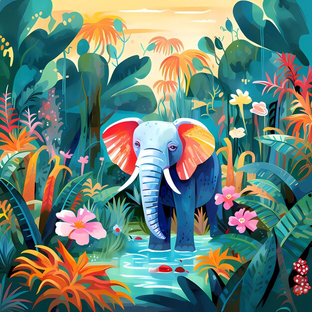 schattige olifant in de tropische jungle voor verhalenboek kinderboek poster verjaardagselement