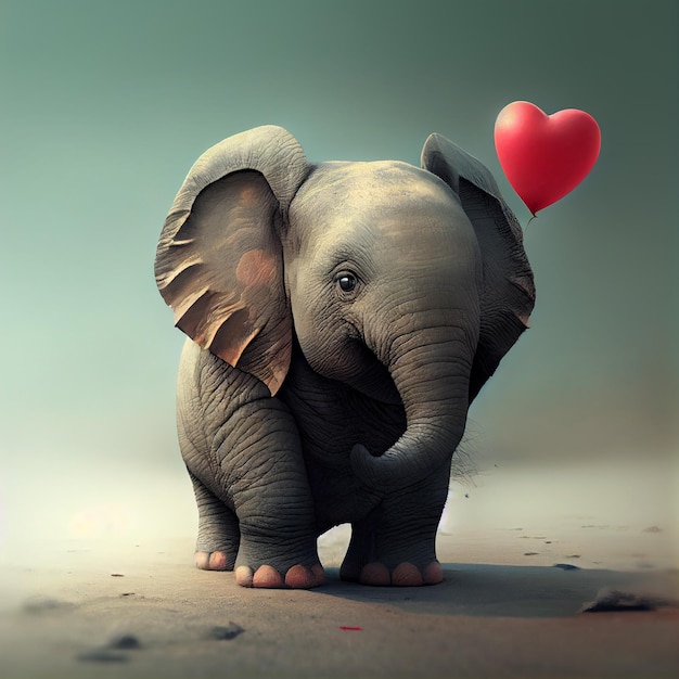 schattige olifant met rood hart abstracte liefde concept achtergrond