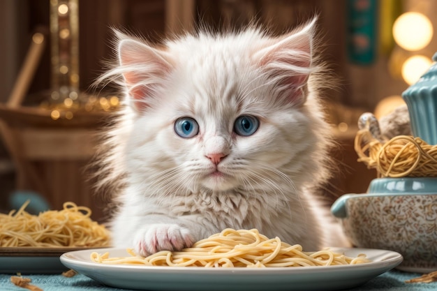 Schattige ontmoeting Turkse Angora kitten genieten van een bord spaghetti