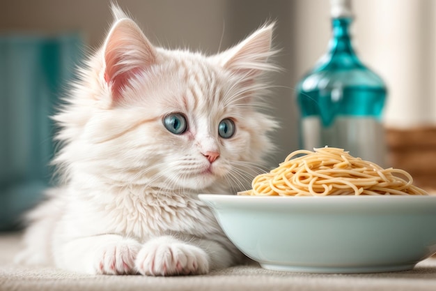 Schattige ontmoeting Turkse Angora kitten genieten van een bord spaghetti